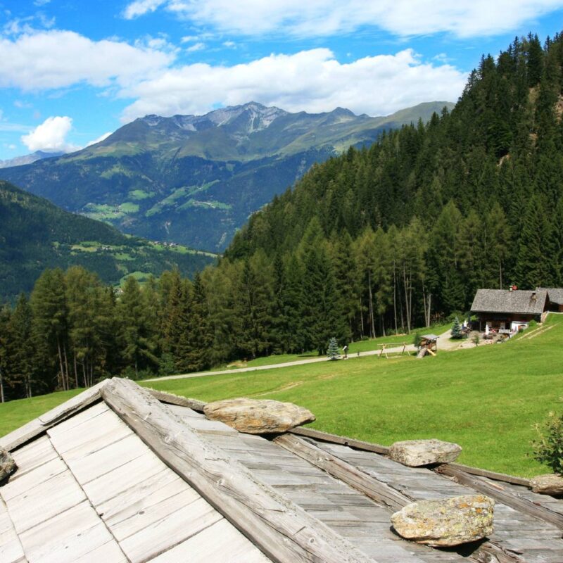 Blick über Holzdächer und Almwiesen in die Berge