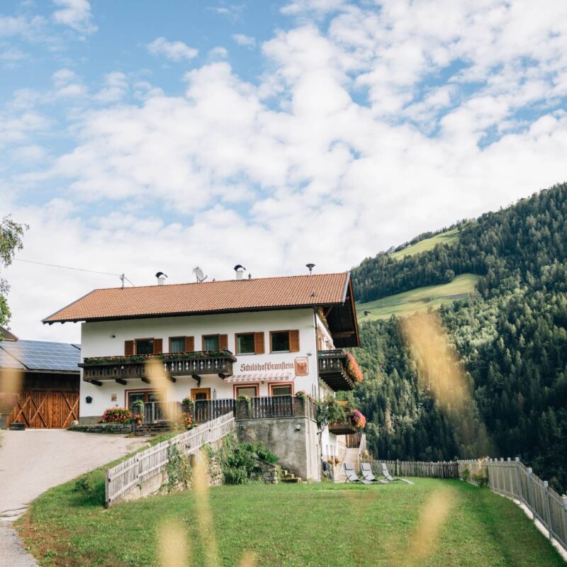 Hofgebäude am grünen Hang vor bewaldeten Bergen