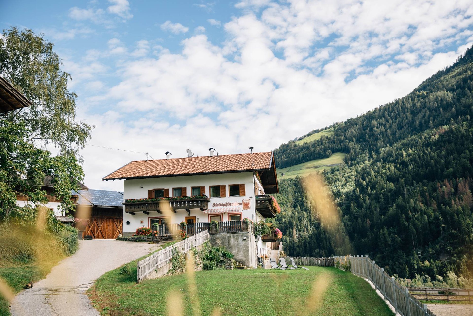 Hofgebäude am grünen Hang vor bewaldeten Bergen